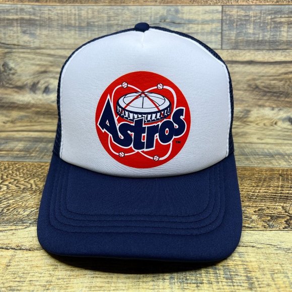 Houston Astros Mens Trucker Hat Navy Snapback 1977 Vintage Logo Baseball Cap - Picture 2 of 7
